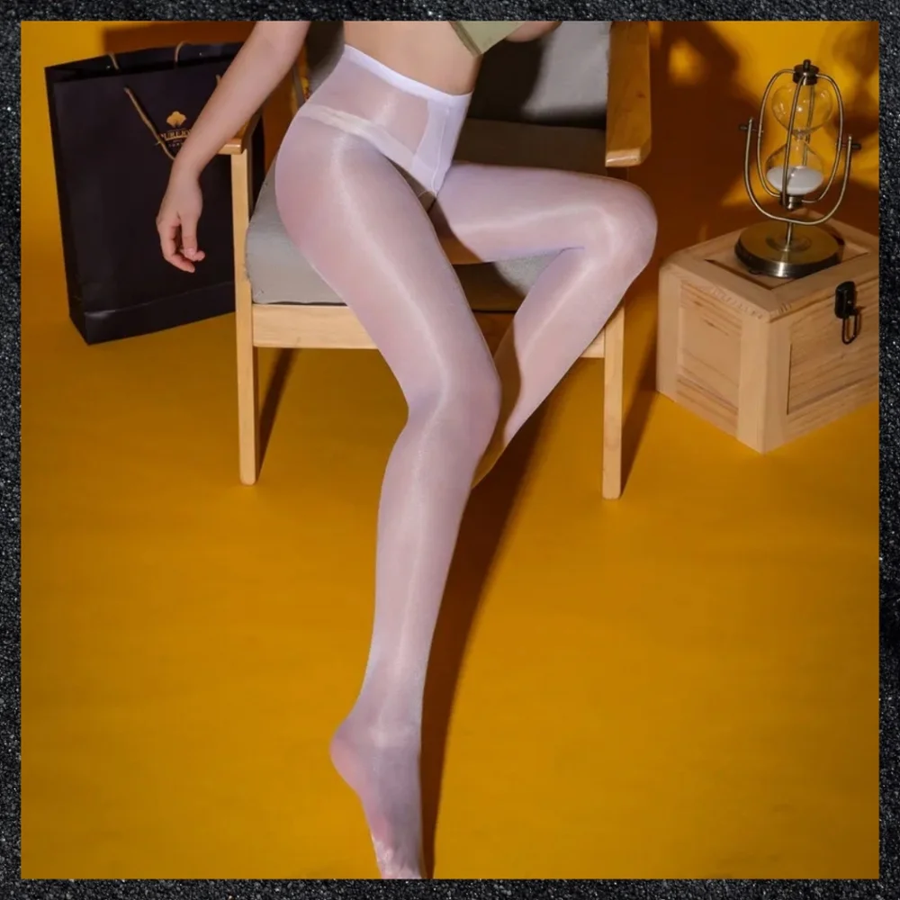 White Shiny Crotchless High Waisted Pantyhose